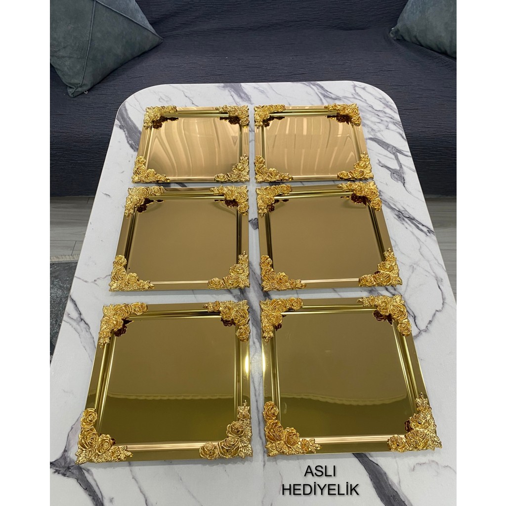 Aslı Hediyelik 6'lı Lüx 4 Köşesi Çiçekli Kare Gold Kaplama Model Çay,kahve,ikram Servis Sunum Tepsisi 21X21 Tepsiler / Fırın Kapları Fiyatı