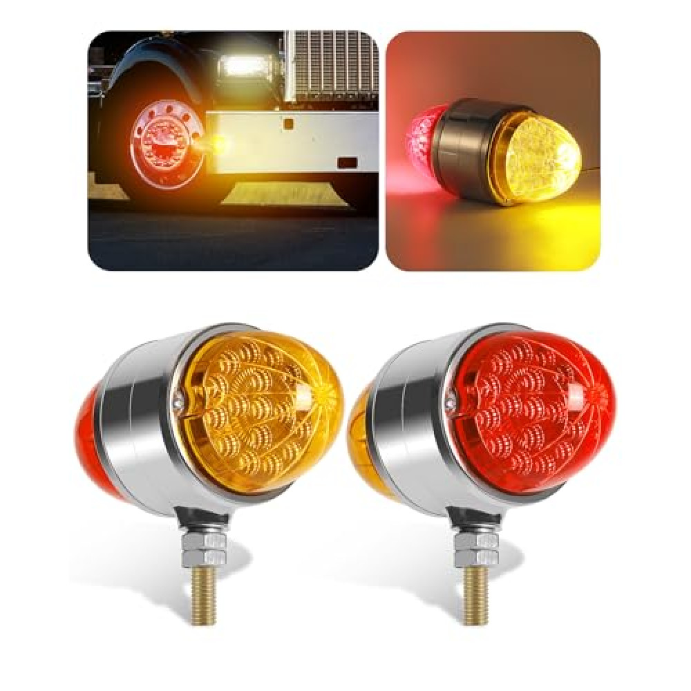 ASNOO 2PCS Amber/Red Double Face 34 LED Watermelon Turn Signal Lights, Semi Truck Chrome Auxiliary Waterproof Dual Revolution LED Lights for Freightliner Peterbilt Kenworth Mack Western Star