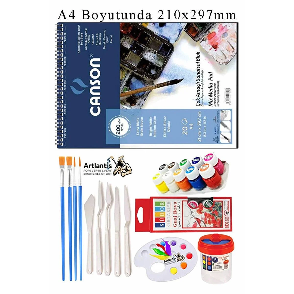 Asnorm Canson Çok Amaçlı Sanatsal Blok A4 200 Gr 20 Yaprak 1 Adet 10 Renk Guaj Boya Fırça Palet Spatula Fırça Temizleme Kabı Not Defteri & Bloknot Fiyatı