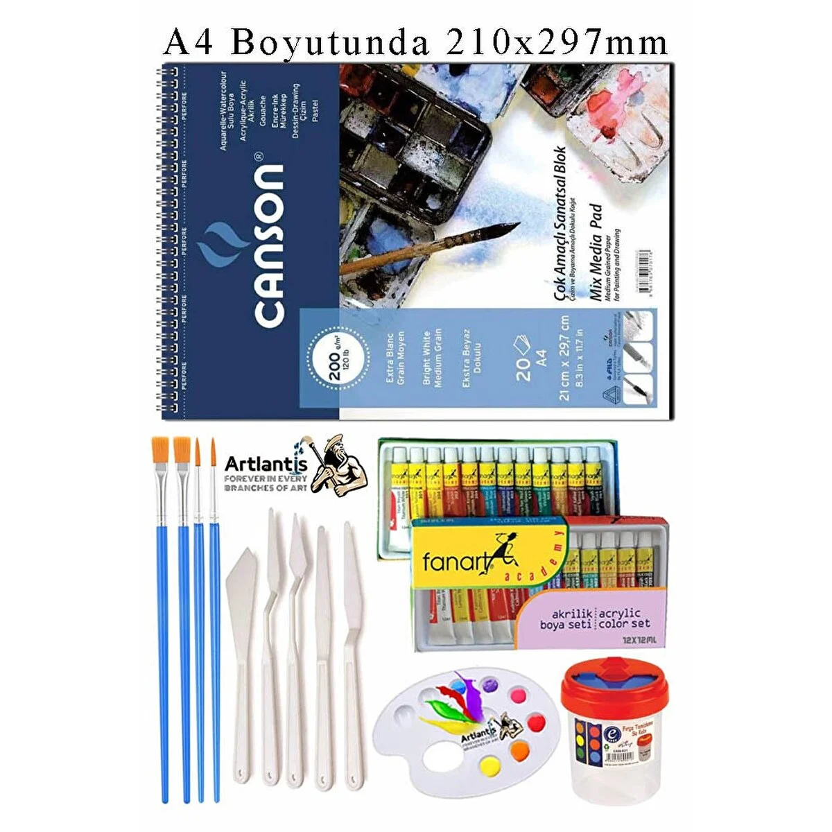 Asnorm Canson Çok Amaçlı Sanatsal Blok A4 200 Gr 20 Yaprak 1 Adet 12 Renk Akrilik Boya Fırça Palet Spatula Fırça Temizleme Kabı Not Defteri & Bloknot Fiyatı