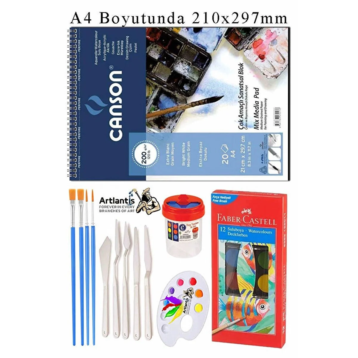 Asnorm Canson Çok Amaçlı Sanatsal Blok A4 200 Gr 20 Yaprak 1 Adet 12 Renk Sulu Boya Fırça Palet Spatula Fırça Temizleme Kabı Not Defteri & Bloknot Fiyatı