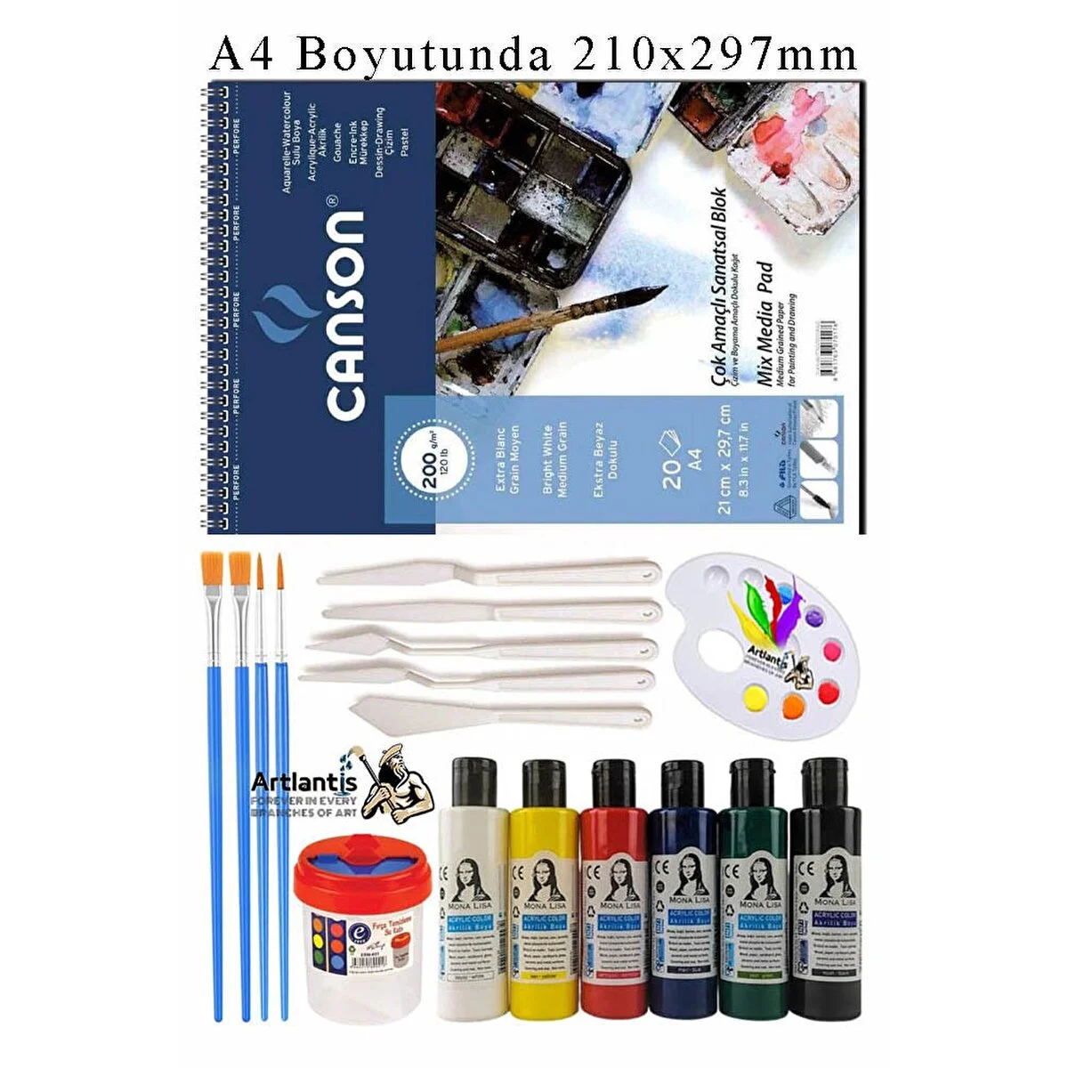 Asnorm Canson Çok Amaçlı Sanatsal Blok A4 200 Gr 20 Yaprak 1 Adet 6 Renk Akrilik Boya Fırça Palet Spatula Fırça Temizleme Kabı Not Defteri & Bloknot Fiyatı