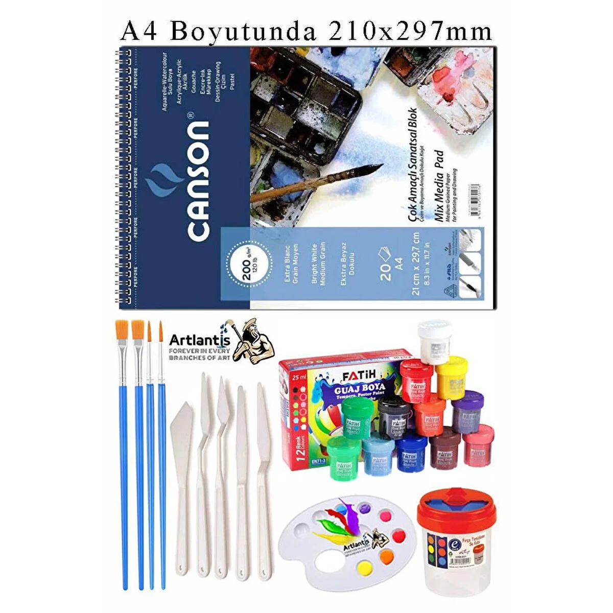 Asnorm Canson Çok Amaçlı Sanatsal Blok A4 200 Gr 20 Yaprak 1 Adet 6 Renk Guaj Boya Fırça Palet Spatula Fırça Temizleme Kabı Not Defteri & Bloknot Fiyatı