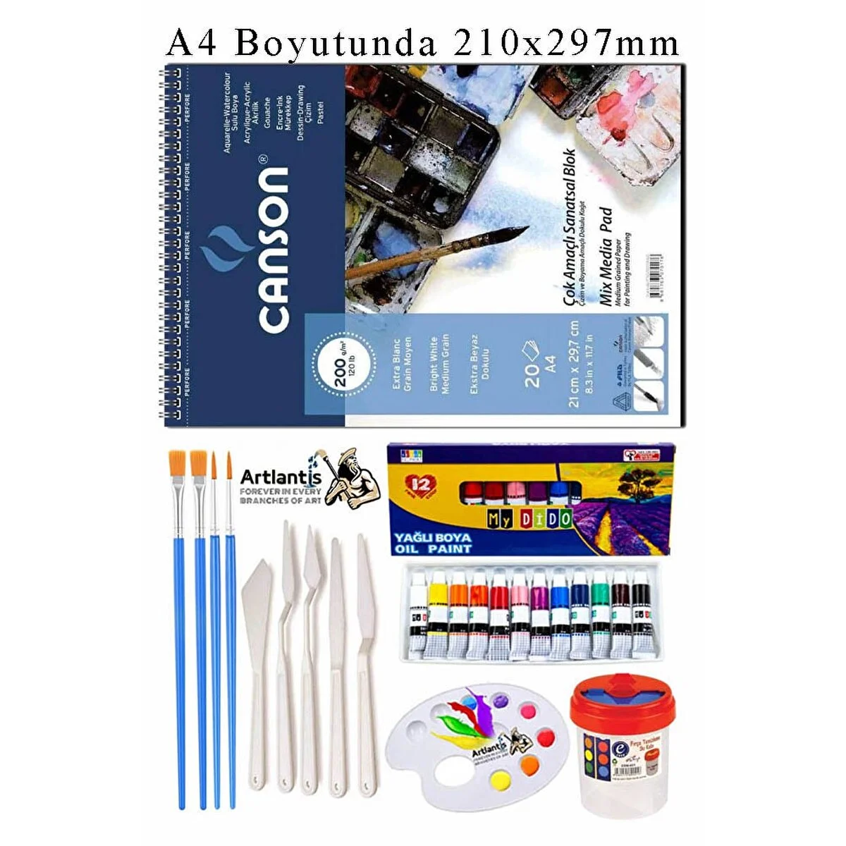 Asnorm Canson Çok Amaçlı Sanatsal Blok A4 200 Gr 20 Yaprak 1 Adet Mydido 12 Renk Yağlı Boya Fırça Palet Spatula Fırça Temizleme Not Defteri & Bloknot Fiyatı