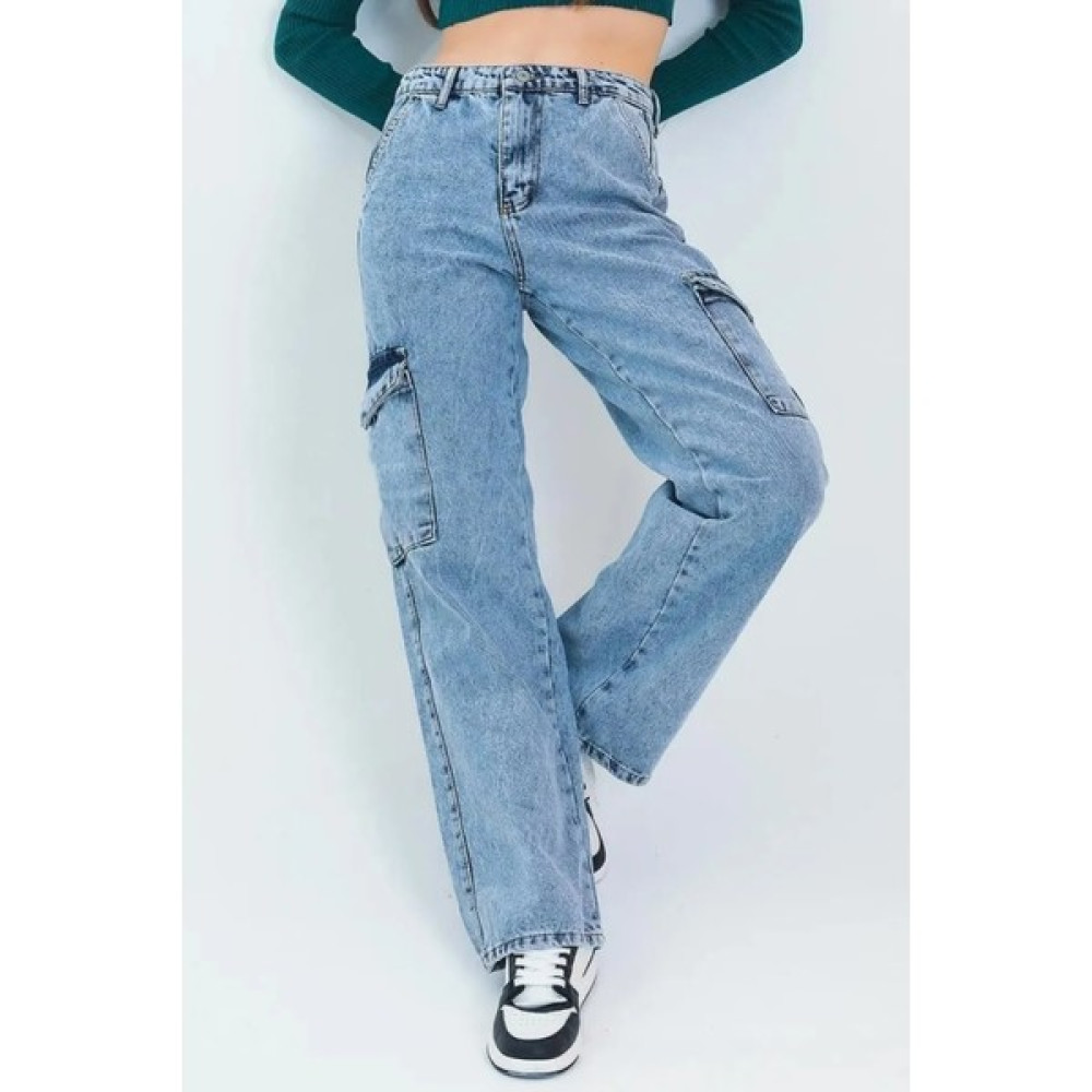 Asortix Kız Çocuk Kargo Cep Detaylı Yüksek Bel Wide Leg Kot PANTOLON-PNT-0029 Kız Çocuk Pantolon Fiyatı
