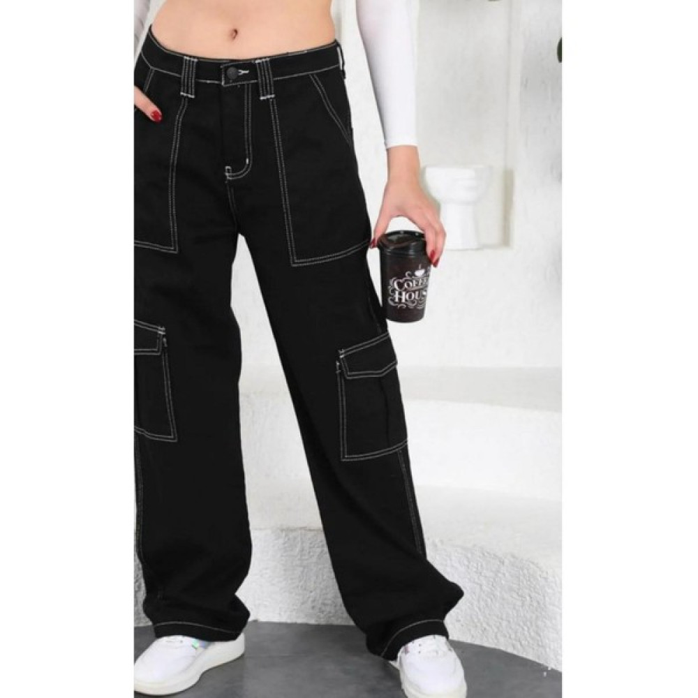 Asortix Kız Çocuk Siyah Ters Diliş Detaylı Denim Kargo Pantolon Kot Jean Kız Çocuk Pantolon Fiyatı