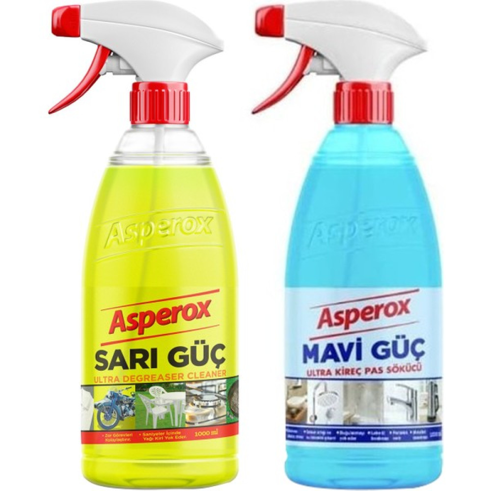 Asperox Mavi Güç Ultra Kireç ve Pas Sökücü 1000 ml x Asperox Sarı Güç Ultra Yağ Çözücü 1 Lt Sprey Temizlik Malzemeleri Fiyatı