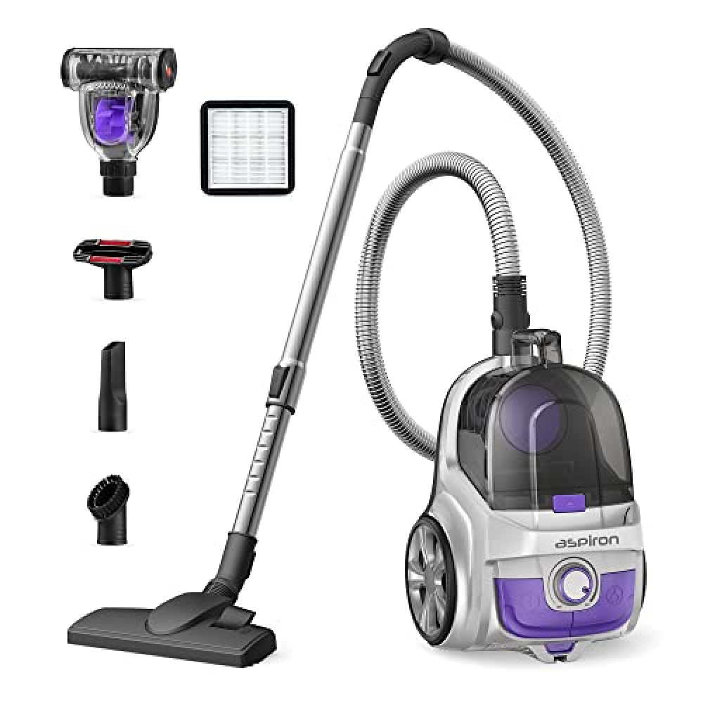 Aspiron Canister Vacuum Cleaner, 24Kpa Bagless Vacuum Cleaner, 3.7QT Large Dust Cup, Double HEPA Filter, Retractable Cord, 1200W Lightweight Vacuum with 5 Tools for Hard Floors, Grey