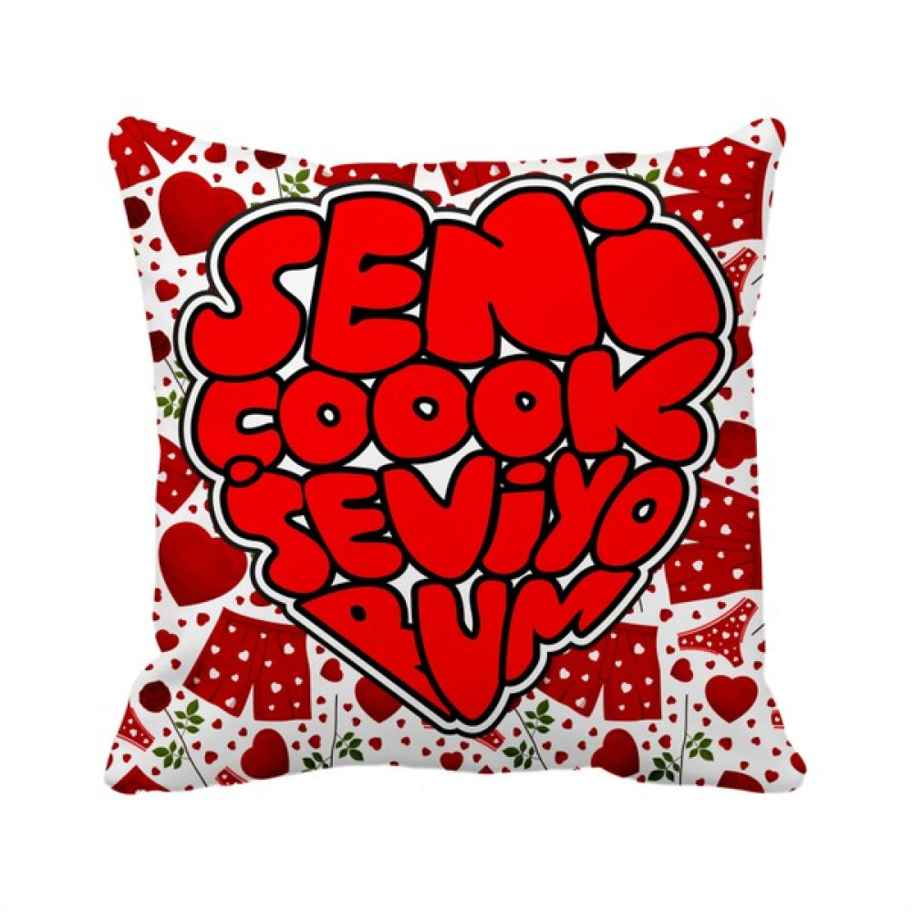 Asr Seni Çoook Seviyorum Sevgililer Günü 1 Saten Yastık - 36 x 36 cm Kırlent / Mobilya Yastığı Fiyatı