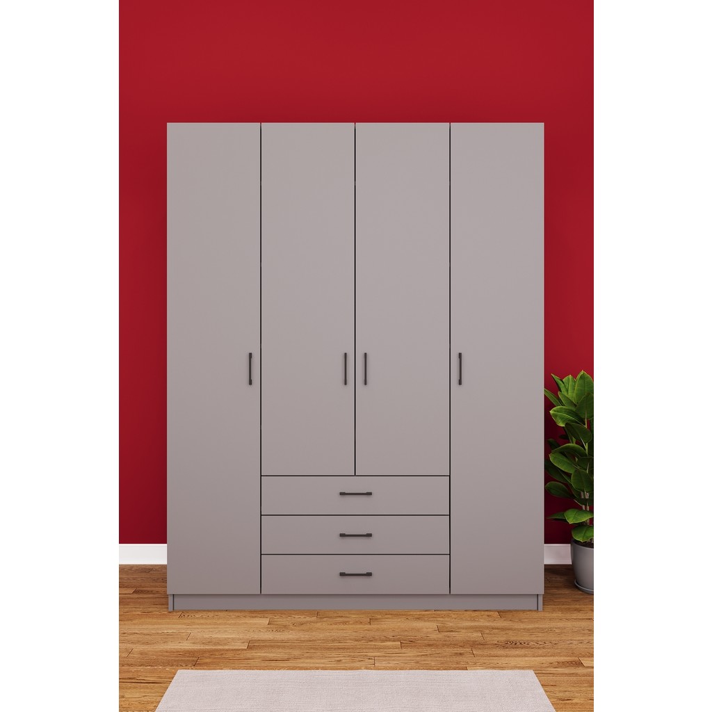 Asra Trend Lüks 4 Kapaklı 3 Çekmeceli Gardırop %100 MDF Askılı Düzenleyici Elbise Dolabı G-02 - Gri Giyim & İç Giyim Fiyatı