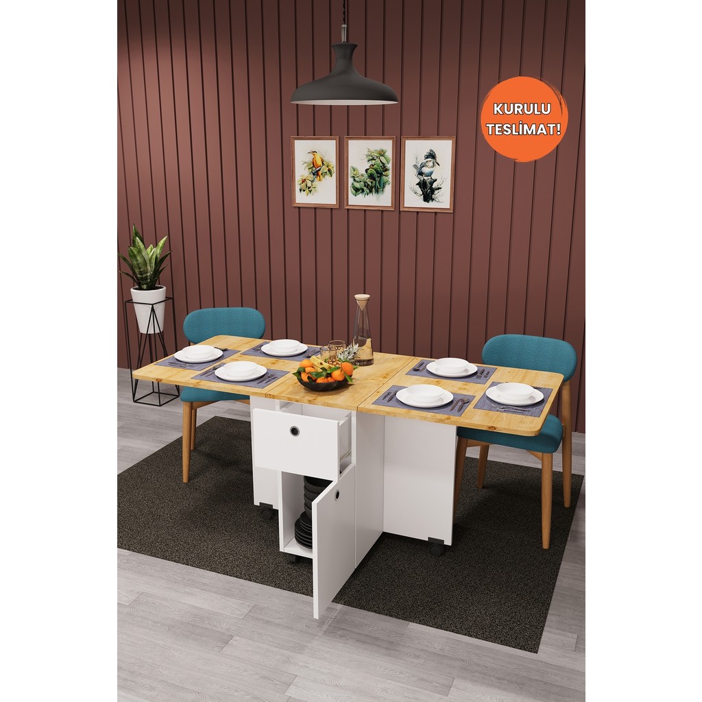 Asra Trend Lüks Katlanır Mutfak Yemek Masası %100 MDF Pratik Çekmeceli Çalışma Masası KM02 - Safir Meşe - 168 x 75 x 70 Çalışma Masası Fiyatı