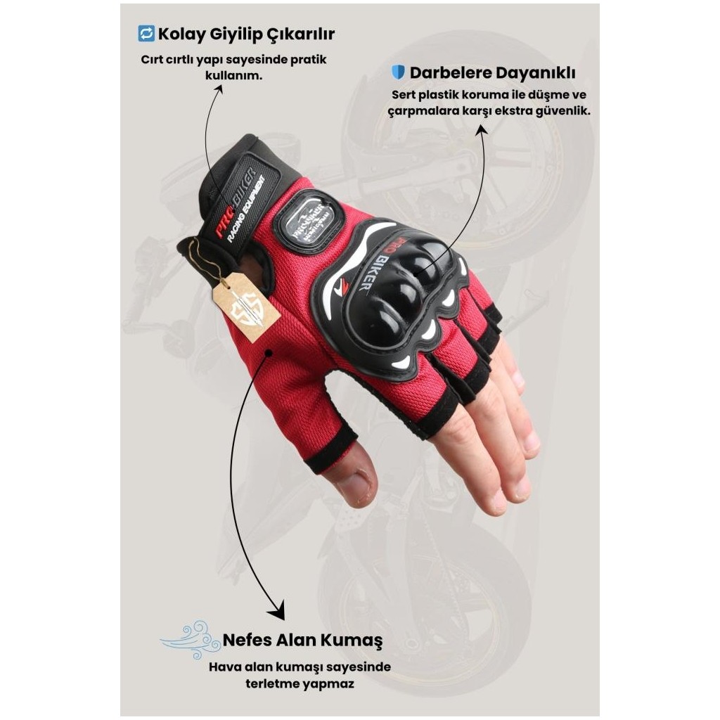 Assa Moto Motosiklet Eldiveni Kısa Yarım Parmak Motorcu Eldiveni - Probiker Korumalı Motor Eldiveni - 2XL - Kırmızı Diğer Fiyatı