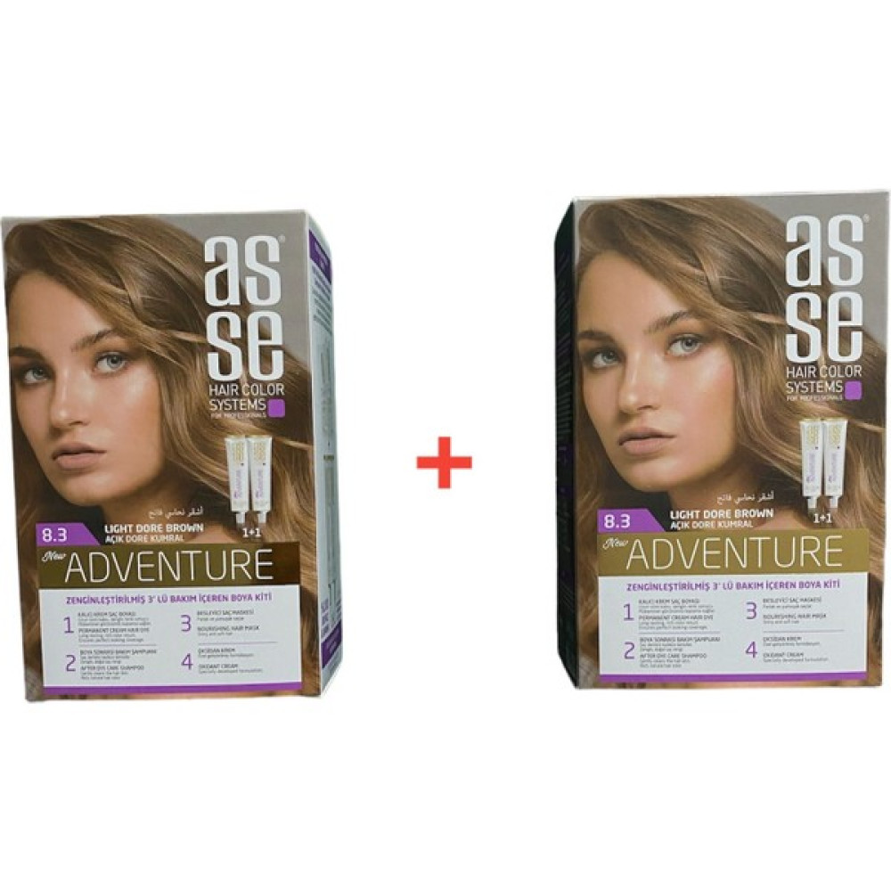 Asse Saç Boyası Seti No:8.3 Renk:Açık Dore Kumral Sette 4 Adet Saç Boyası+150 Ml Oksidan+2 Adet Şampuan+2 Adet Saç Bakım Kremi+2 Çift Eldiven Mevcu... Saç Boyası Fiyatı