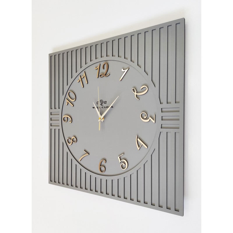Asse Tasarım Kare Çizgi Desenli Türkçe Rakam Dekoratif 50X50CM Duvar Saati - Antrasit - Gold Duvar Saati Fiyatı