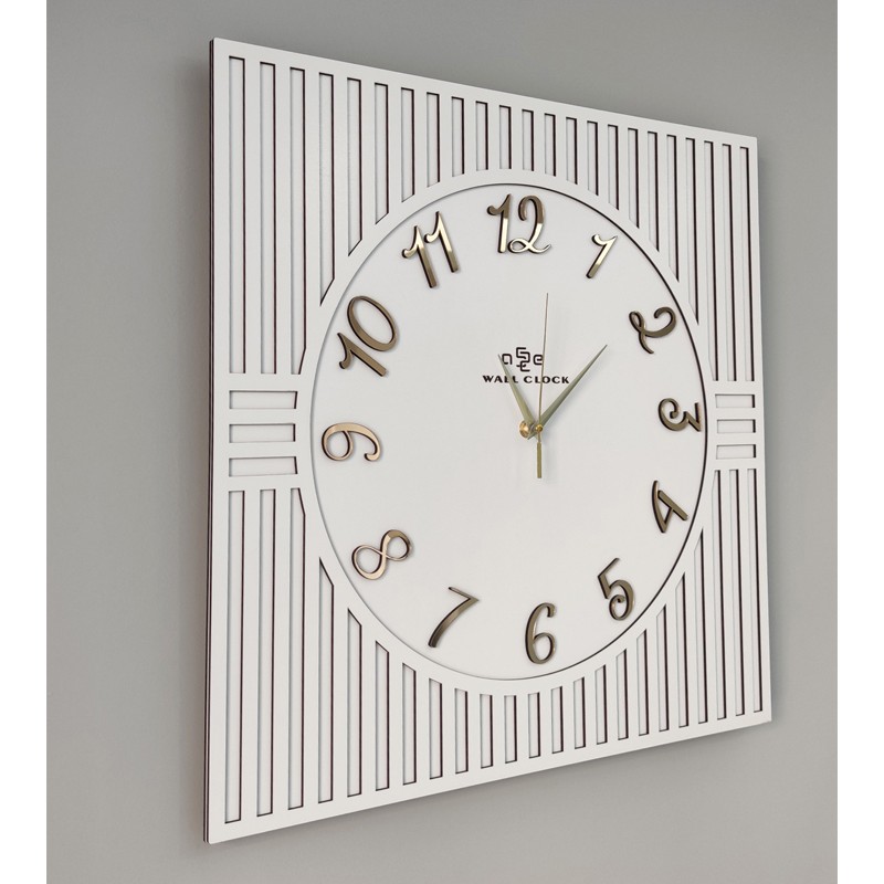 Asse Tasarım Kare Çizgi Desenli Türkçe Rakam Dekoratif 50X50CM Duvar Saati - Beyaz - Gold Duvar Saati Fiyatı