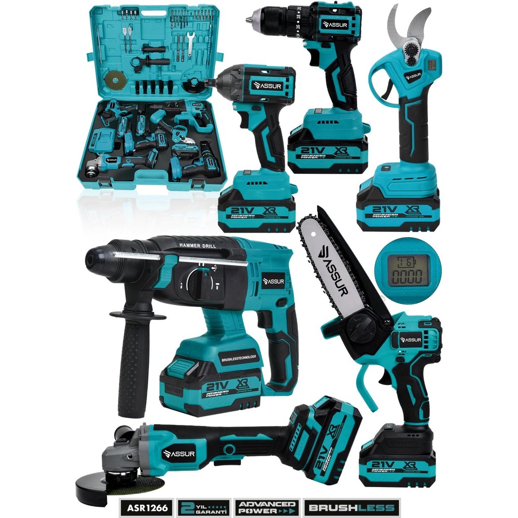 Assur 21V 6'lı Set Kırıcı/delici Hilti, Taşlama, Somun Sıkma, Budama Makası ve Testeresi, Matkap Matkaplar Fiyatı