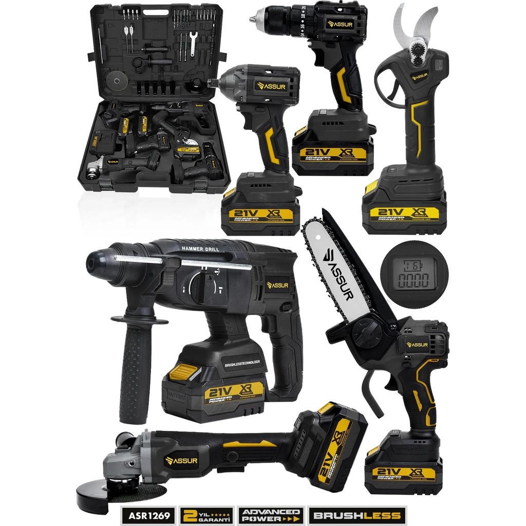Assur 21V 6'lı Set Kırıcı/delici Hilti, Taşlama, Somun Sıkma, Matkap, Budama Testeresi ve Makası - Siyah Matkaplar Fiyatı