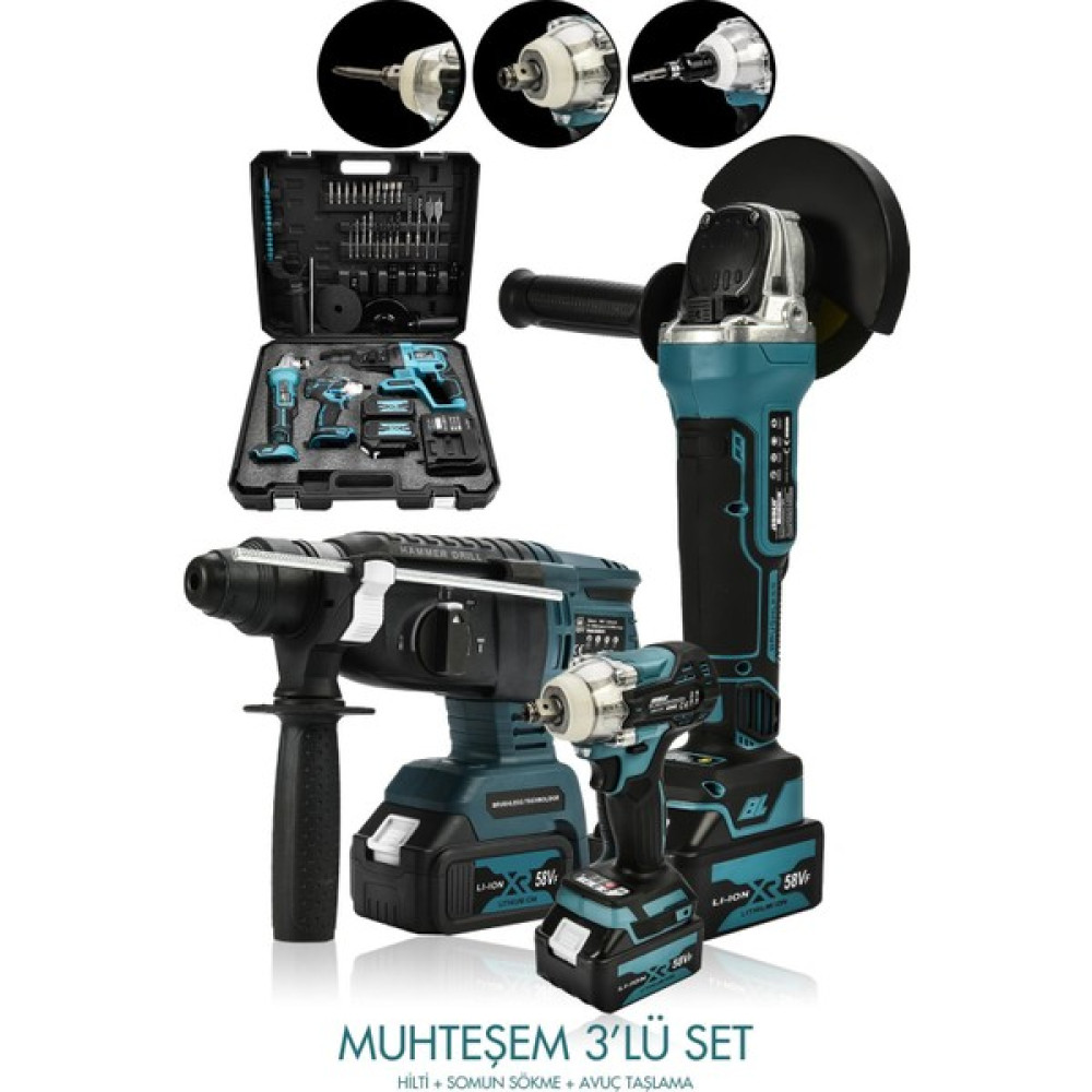Assur 3 Lü Set Torklu Vidalama Somun Sıkma + Şarjlı Matkap 2-26MM + Şarjlı Taşlama 125MM Kırıcı Deliciler & Kırıcılar Fiyatı