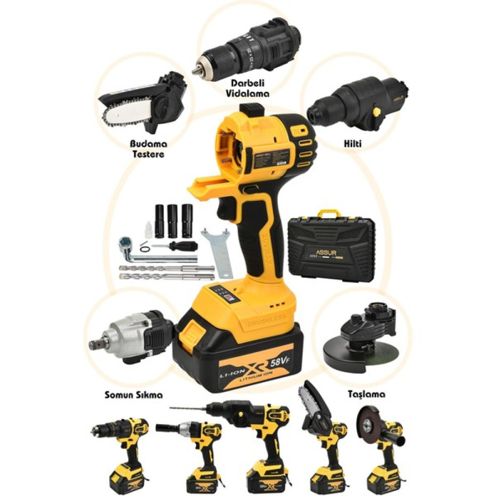Assur 5 Li Muhteşem Set Şarjlı Matkap Hilti Budama Testere Taşlama Somun Sökme Bir Arada Sarı 58VF Elektrikli El Aletleri Fiyatı