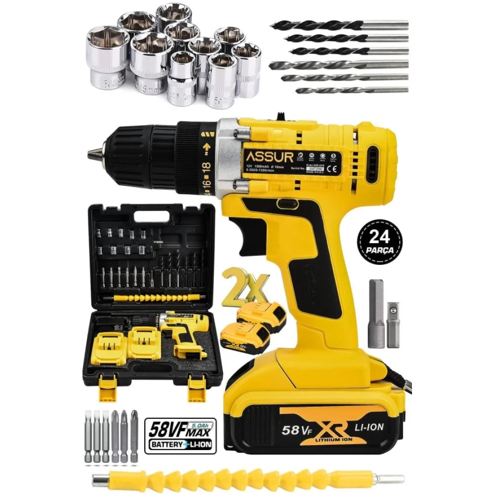 Assur Germany Technology 58 Vf 5 Ah Cift Akulu 24 Parca Sarjli Matkap Sari Kırıcı Deliciler & Kırıcılar Fiyatı