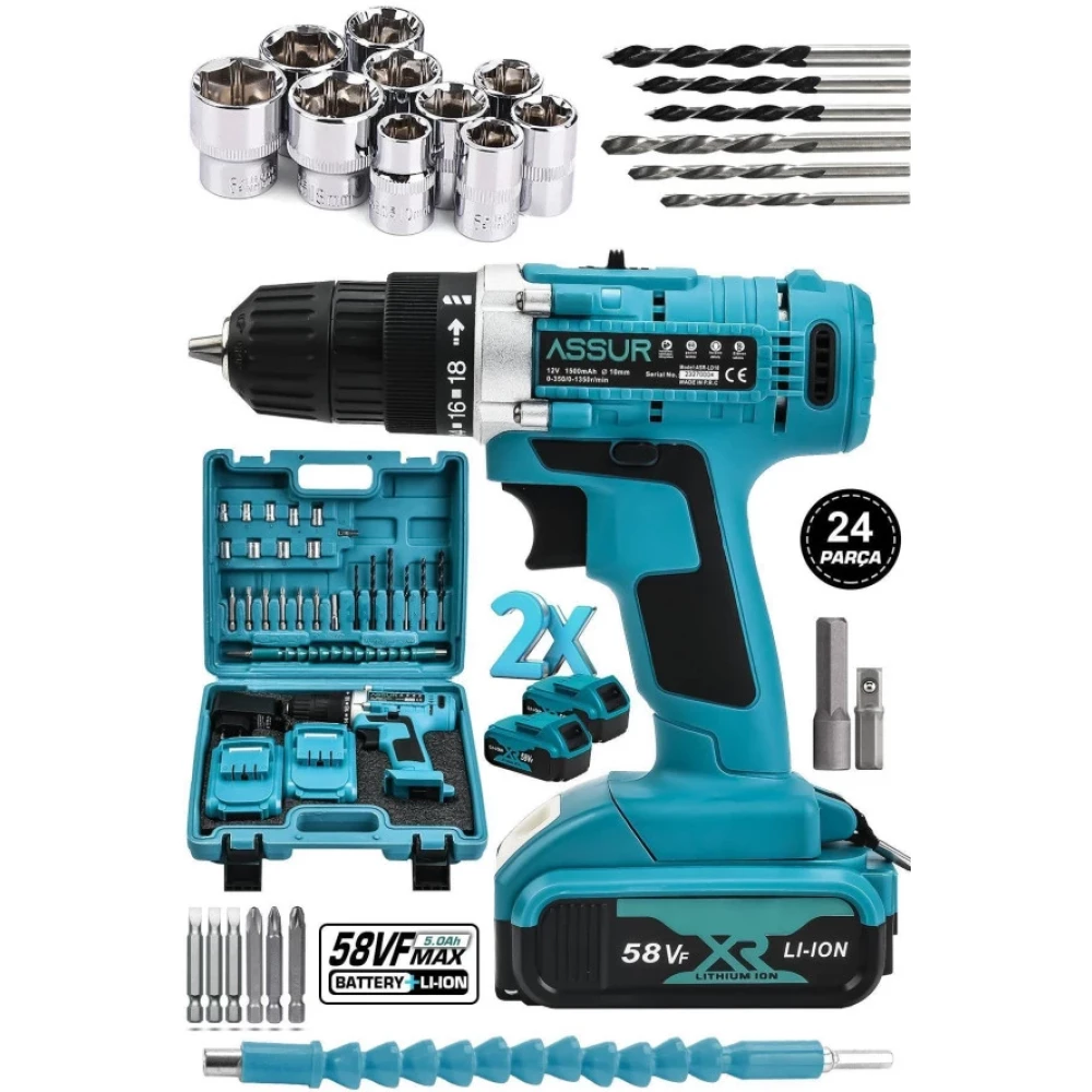 Assur Germany Technology Cift Akulu Sarjli Matkap 24 Parca 58 Vf 5 Ah Mavi Matkaplar Fiyatı