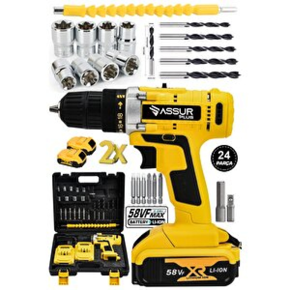 Assur Plus 58 Vf 5 Ah Çelik Şanzıman Bakır Sargılı Çift Akülü Şarjlı Matkap Vidalama 24 Parça Akülü Vidalama Makinesi Fiyatı