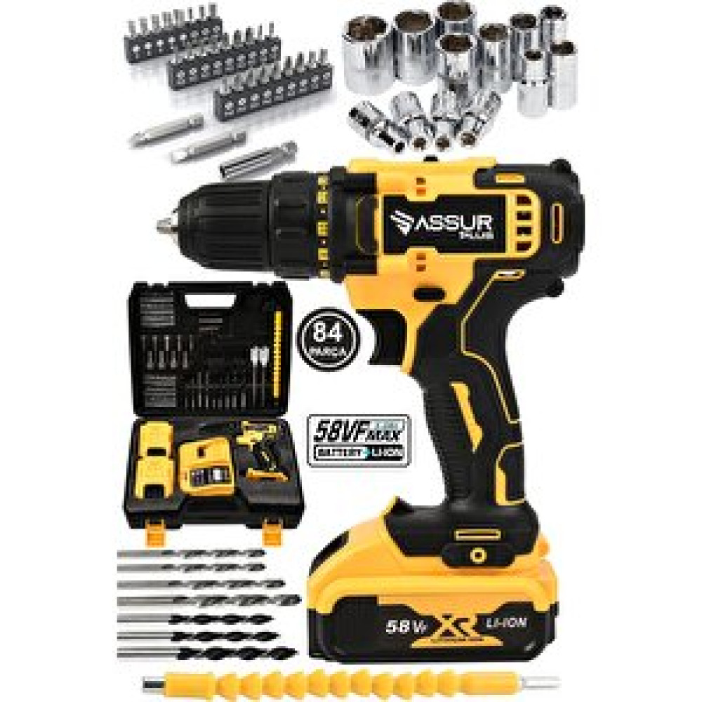 Assur Plus 58vf 5ah Metal Şanzuman Çift Akülü 84 Parça Şarjlı Matkap Akülü Vidalama Akülü Vidalama Makinesi Fiyatı