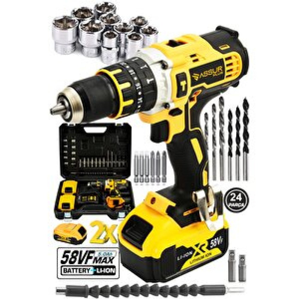 Assur Plus Darbeli Matkap 58vf 5ah Sjs Çift Metal Şanzuman Çift Akülü Şarjlı Darbeli Matkap 24 Parça Set Akülü Vidalama Makinesi Fiyatı