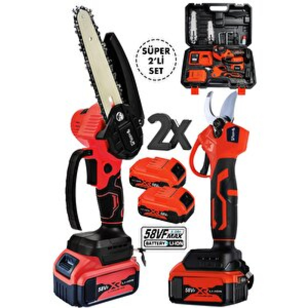 Assur Plus Germany 2 Li Set 58 Vf 5 Ah Çift Akülü Çelik Şanzıman Şarjlı Dal Budama Makası ve Testeresi Dal Budama Makineleri Fiyatı