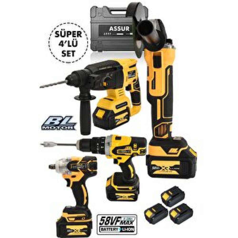 Assur Plus Pro 4'lü Set Şarjlı Somun Sıkma-2-26 Şarjlı Hilti-şarjlı Taşlama-13mm Şarjlı Darbeli Matkap Sarı Matkaplar Fiyatı