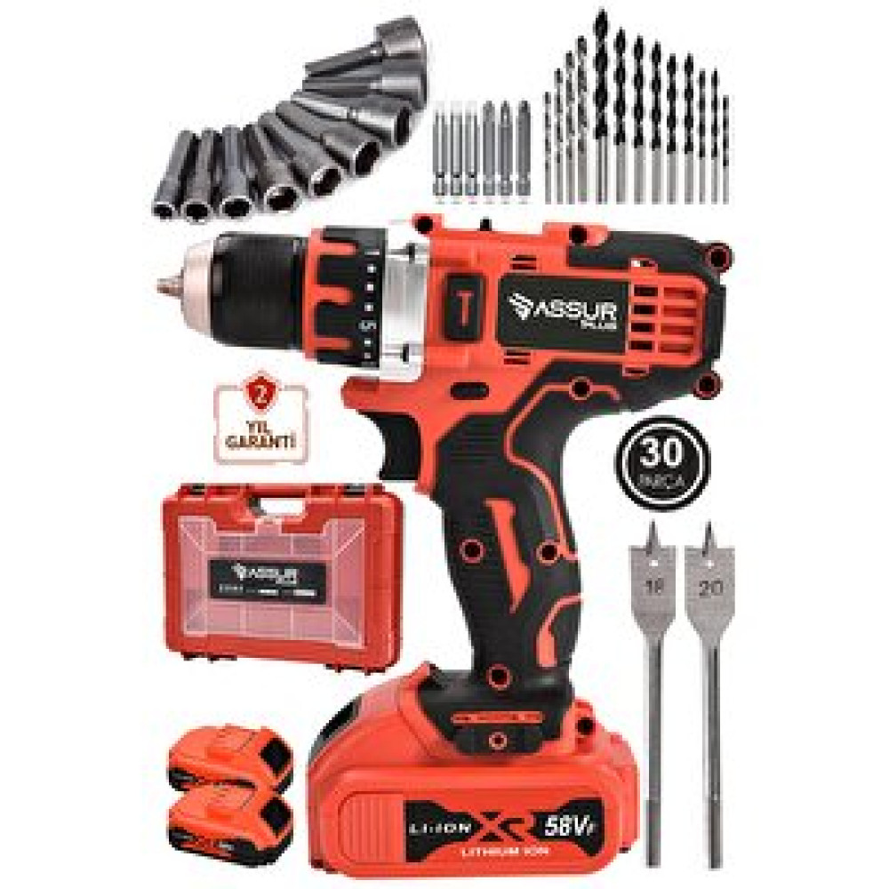 Assur Plus Yeni Seri Güçlü Versiyon 58 Vf Çift Akülü Kırmızı Şarjlı Matkap 30 Parça Set Hediyeli Akülü Vidalama Makinesi Fiyatı