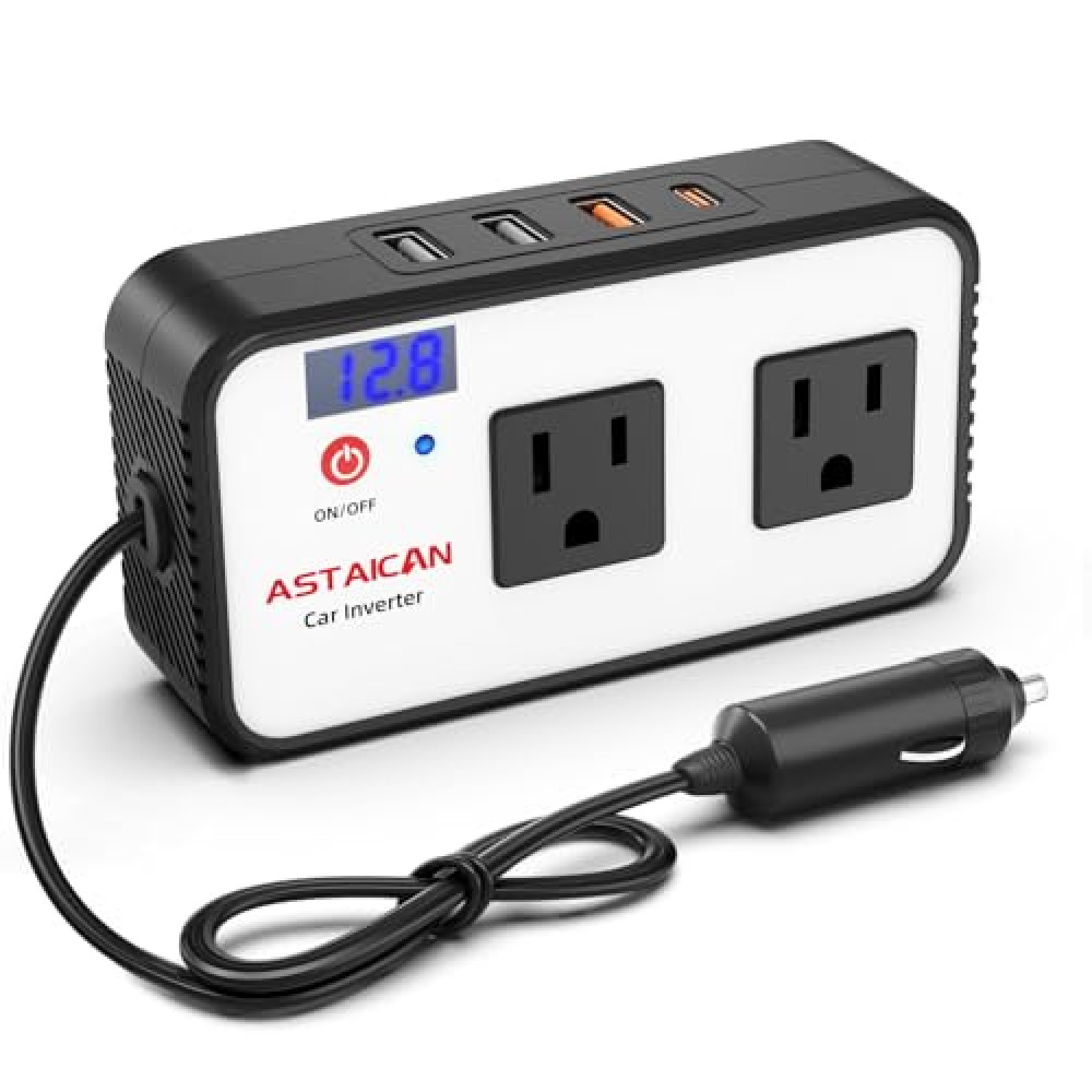 Astaican 200W Car Power Inverter, DC 12V to 110V AC Car Plug Adapter with 20W USB-C & 18W USB-A Dual AC Outlet, PD/QC Fast Car Charger for Laptop, Vehicles, Road Trip Essentials, White
