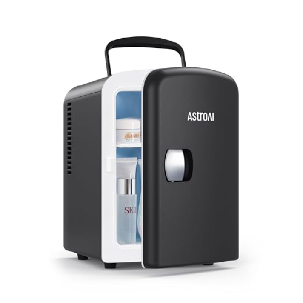 AstroAI Mini Fridge 4 Litre, 6 Can Portable AC+DC Power Cooler, for Bedrooms, Cars, Offices; Skincare, Makeup, Cosmetics, Food (Black)