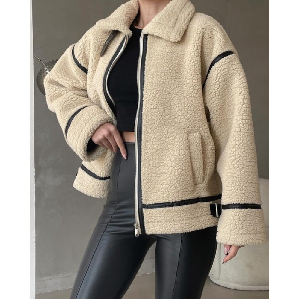 Asur Boutique Kadın Geniş Kesim Teddy Bej Biker Mont Bayan Mont Fiyatı