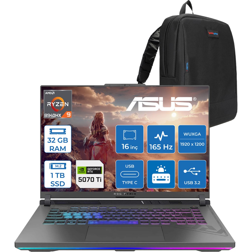 Asus Rog Strix G16 G614PR-RV050 Amd Ryzen 9 8940HX Aı 32 GB GB 1tb SSD 12 GB/RTX5070Tİ Gddr7 140W 16" Wuxga 165Hz 300NİTS Freedos Taşınabilir Bilg... Ekran Kartları Fiyatı