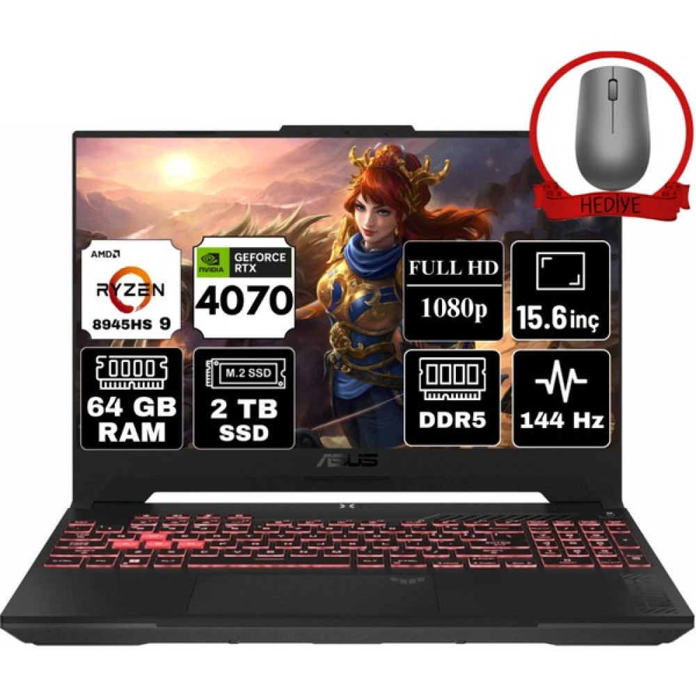 Asus Tuf Gaming A15 Amd Ryzen 9 8945HS 64GB 2tb SSD RTX4070/8GB Freedos 15.6" Fhd 144Hz Taşınabilir Bilgisayar FA507UI-LP054-A23 & Anzar Mouse Oto Boyaları Fiyatı