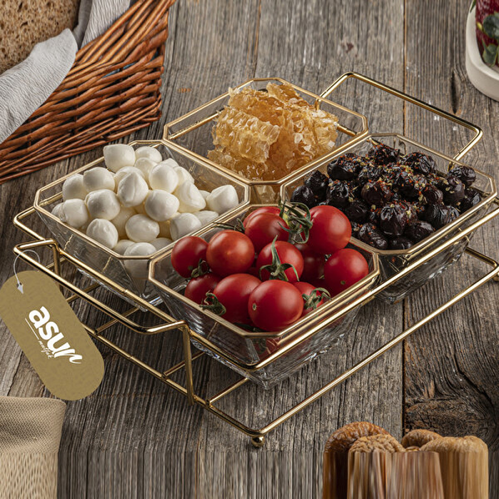 Asya Bazaar 4 Bölmeli Gold Standlı Cam Kahvaltılık Çerezlik Sunumluk Kahvaltı Takımı Fiyatı