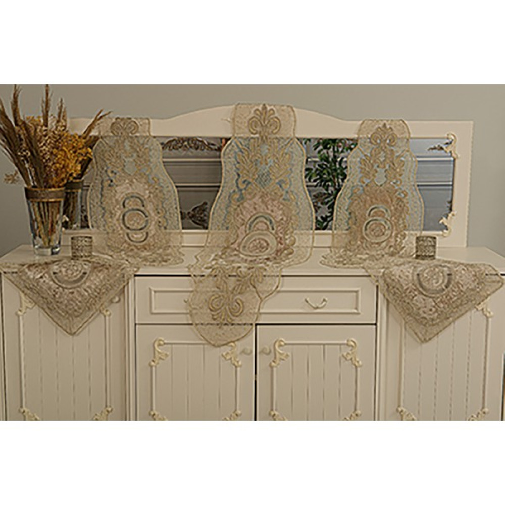 Asya Çeyiz Dükkanı Anka Fransız Güpürlü Kadife Lüks 5' Li Salon Takımı Masa Örtüsü - 45 x 135 cm - Kahverengi Masa Örtüsü Fiyatı