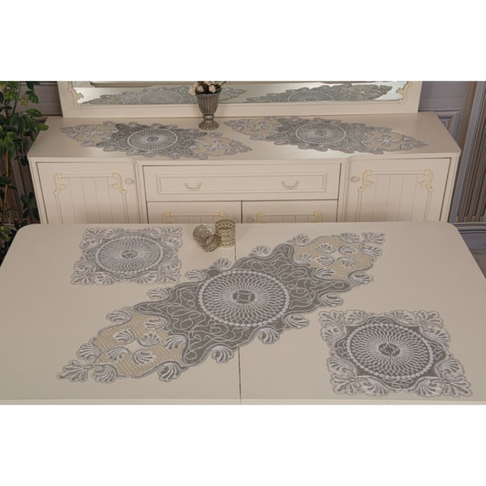 Asya Çeyiz Dükkanı Rüya Fransız Güpürlü Kadife Lüks 5'li Salon Takımı Masa Örtüsü - Gri - 45 x 135 cm Masa Örtüsü Fiyatı