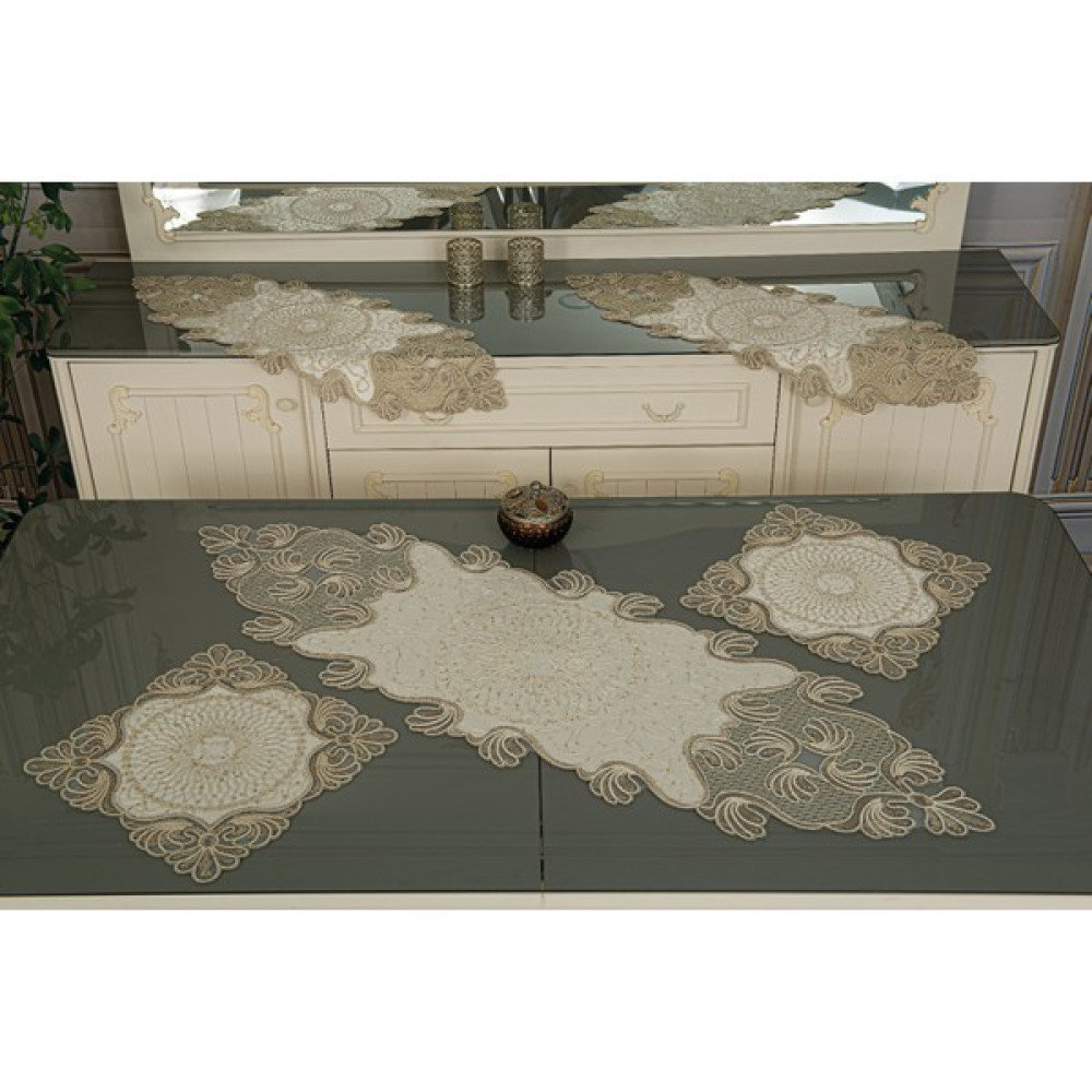 Asya Çeyiz Dükkanı Rüya Fransız Güpürlü Kadife Lüks 5'li Salon Takımı Masa Örtüsü - Krem - 45 x 135 cm Masa Örtüsü Fiyatı