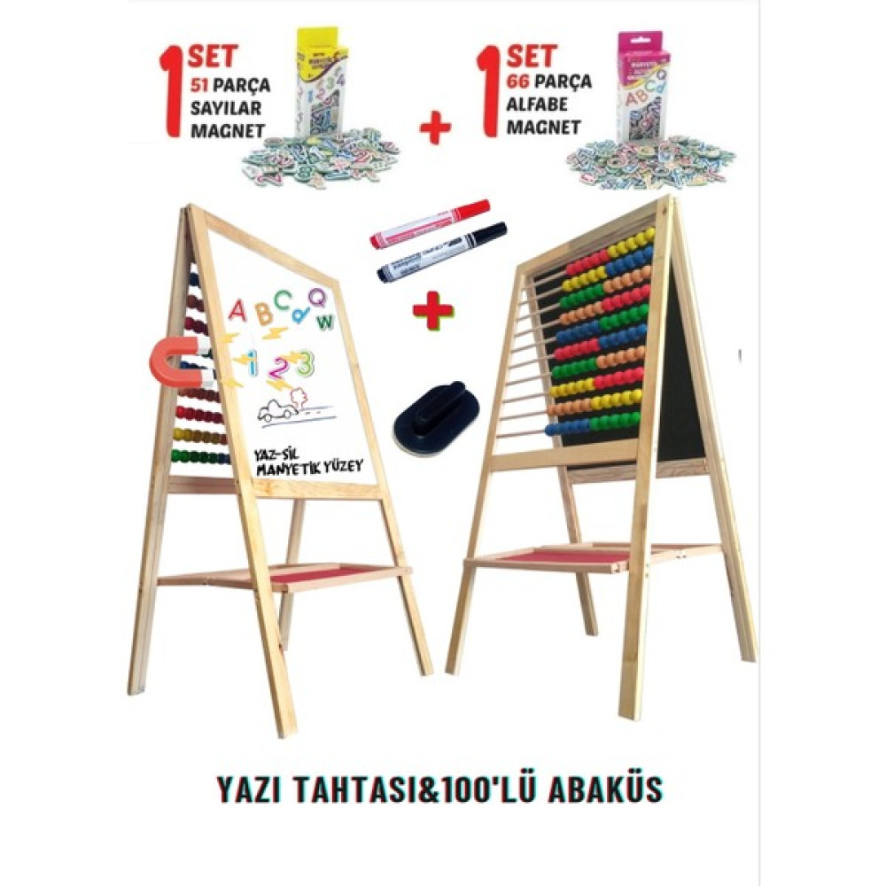 Ata Ahşap Oyuncak Yazı Tahtası & 100'LÜ Abaküs Manyetik Özellikli (EN:58CM H:110 cm Manyetik Sayı & Alfabe Hediye) Eğitici Oyuncak Fiyatı