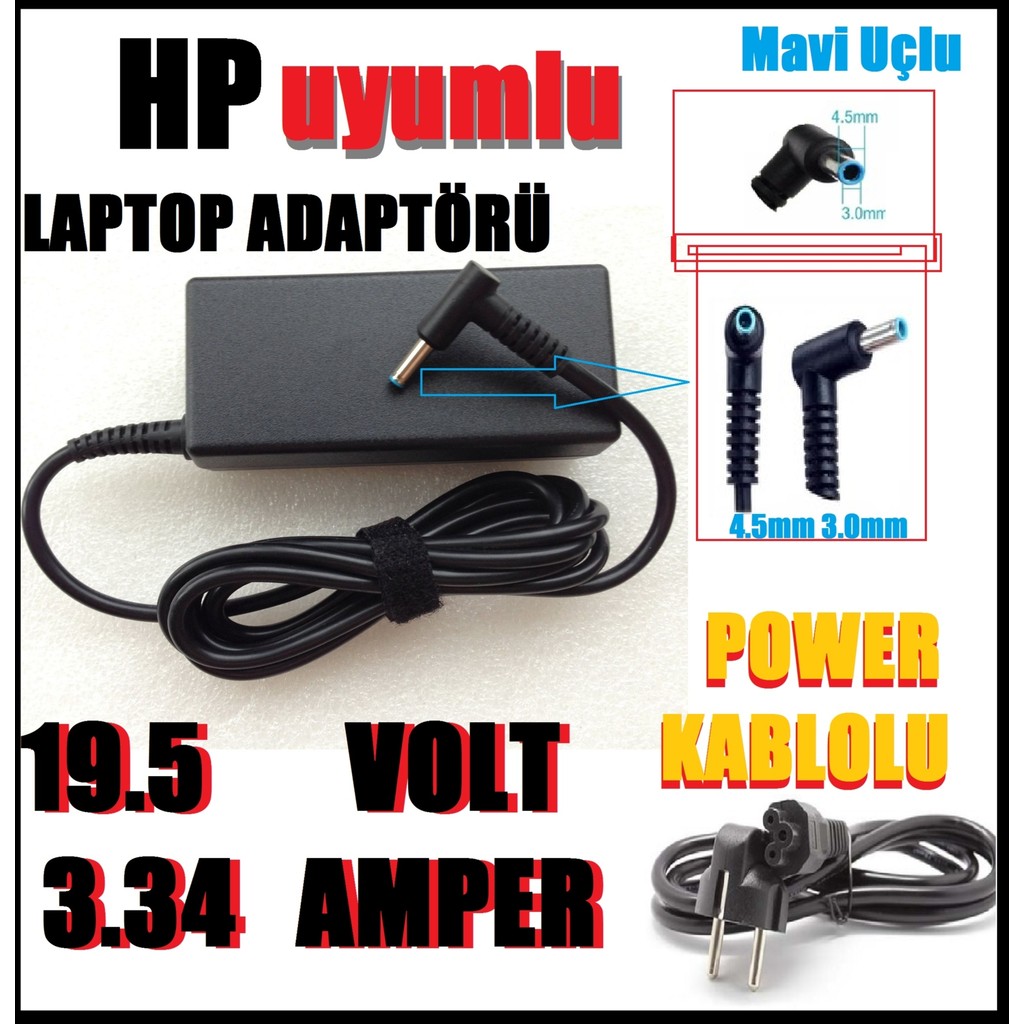 Ata Elektronik Hp Adaptör 65W Mavi Uç 19.5V 3.33A Laptop Şarj Aleti Cihazı Adaptör Mavi Uç 19.5 Volt 3.34A - Siyah Laptop Adaptör Fiyatı