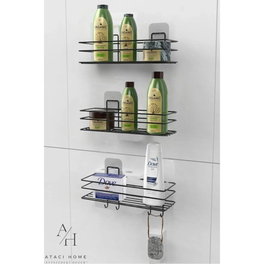 Atacı Home 3'lü Set Yapışkanlı 4 Kancalı Paslanmaz Banyo Rafı Mat Siyah Banyo Şampuanlık Duşakabin Duş Askısı Banyo Askılık Fiyatı