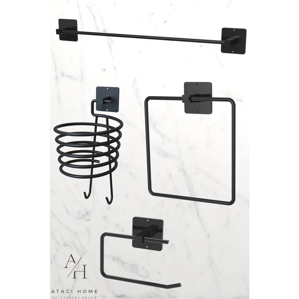 Atacı Home Yapışkanlı 4'lü Siyah Fön Makinesi Askısı Havlu Askısı Wc Tuvalet Kağıtlık Kare Havluluk Banyo Set El / Yüz Havlusu Fiyatı