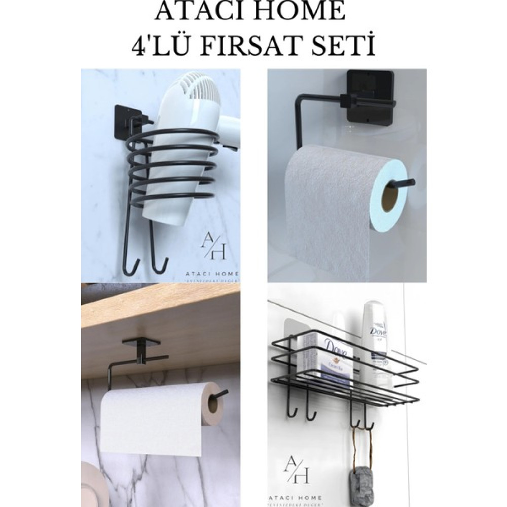 Atacı Home Yapışkanlı Kancalı Banyo Rafı Şampuanlık Fön Makinesi Askısı Wc Tuvalet Kağıtlık Havluluk 4 Lü Set Banyo Askılık Fiyatı