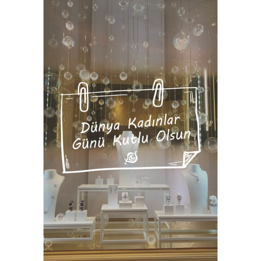 Ataçlı Not ve 8 Mart Kadınlar Günü Kutlu Olsun Yazısı Cam Vitrin Stickerı 60CM - Beyaz - 60 cm Duvar Stickerı Fiyatı