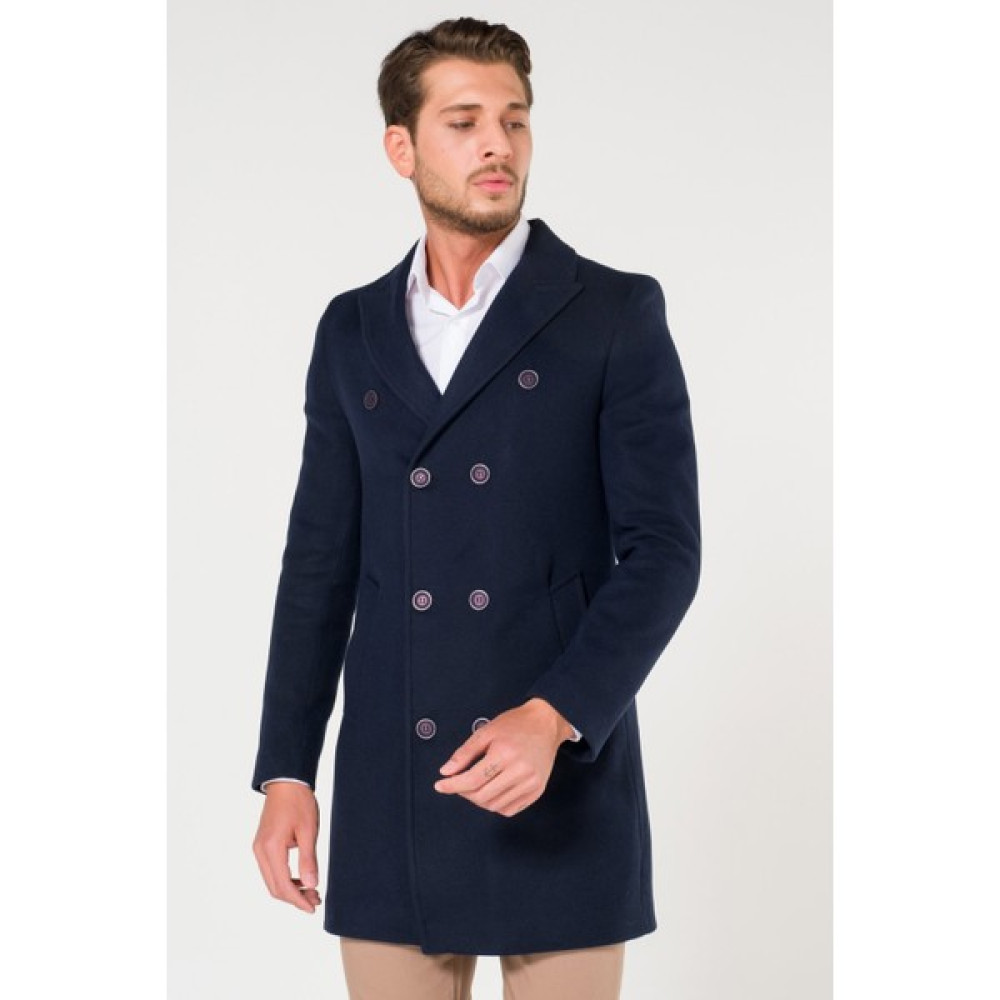 AtakGiyim Erkek Slim Fit Kruvaze Lacivert Kaşe Kaban Erkek Mont Fiyatı