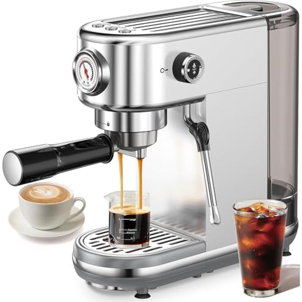 atatix Espresso Machine with Milk Frother, 20 Bar High Pressure Professional Espresso Maker Automatic, Compact Stainless Steel Coffee Machine for Cappuccino, Latte, Gift for Coffee Lover, Silver