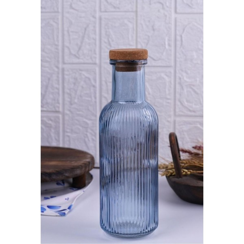 Atby Home H2O Mantar Kapaklı Cam Su Şişesi Sürahi 1 Lt Mavi Dik Çizgili - 1000 ml Sürahi Fiyatı