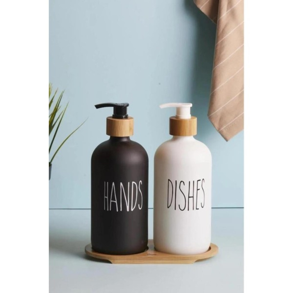 Atbyhome2’li Siyah Beyaz Mutfak Sıvı Sabunluk Seti 500ML+500ML Bambu Standlı Sabunluk Fiyatı